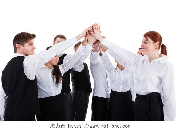 白色背景前做手势的餐饮工作人员餐饮工作人员做高的五个手势